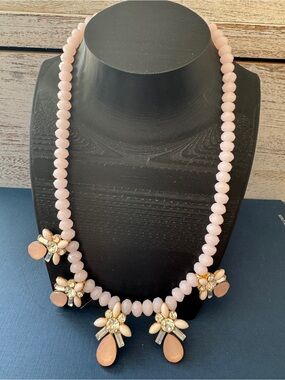 Pink Beaded crystal  with Rhinestone and Gemstone Flower  Statement Necklace